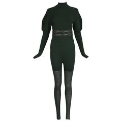 Vintage Alaia Green Knit Body Suit, Stirrup Leggings & Matching Leather Belt