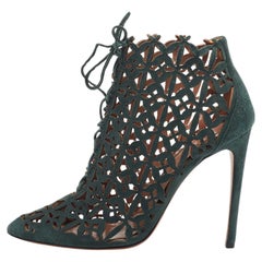 Alaia Green Laser Cut Suede Lace Up Ankle Booties Size 39