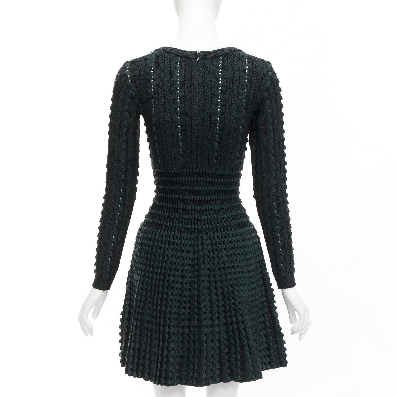 ALAIA green virgin wool blend square neck pleated fit flare dress FR36 S 1