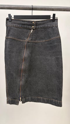Alaïa Grey Denim Pencil Skirt with Asymmetrical Zip- 1980s