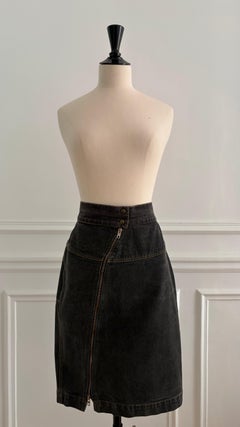 Alaïa Grey Denim Pencil Skirt with Asymmetrical Zip- 1980s