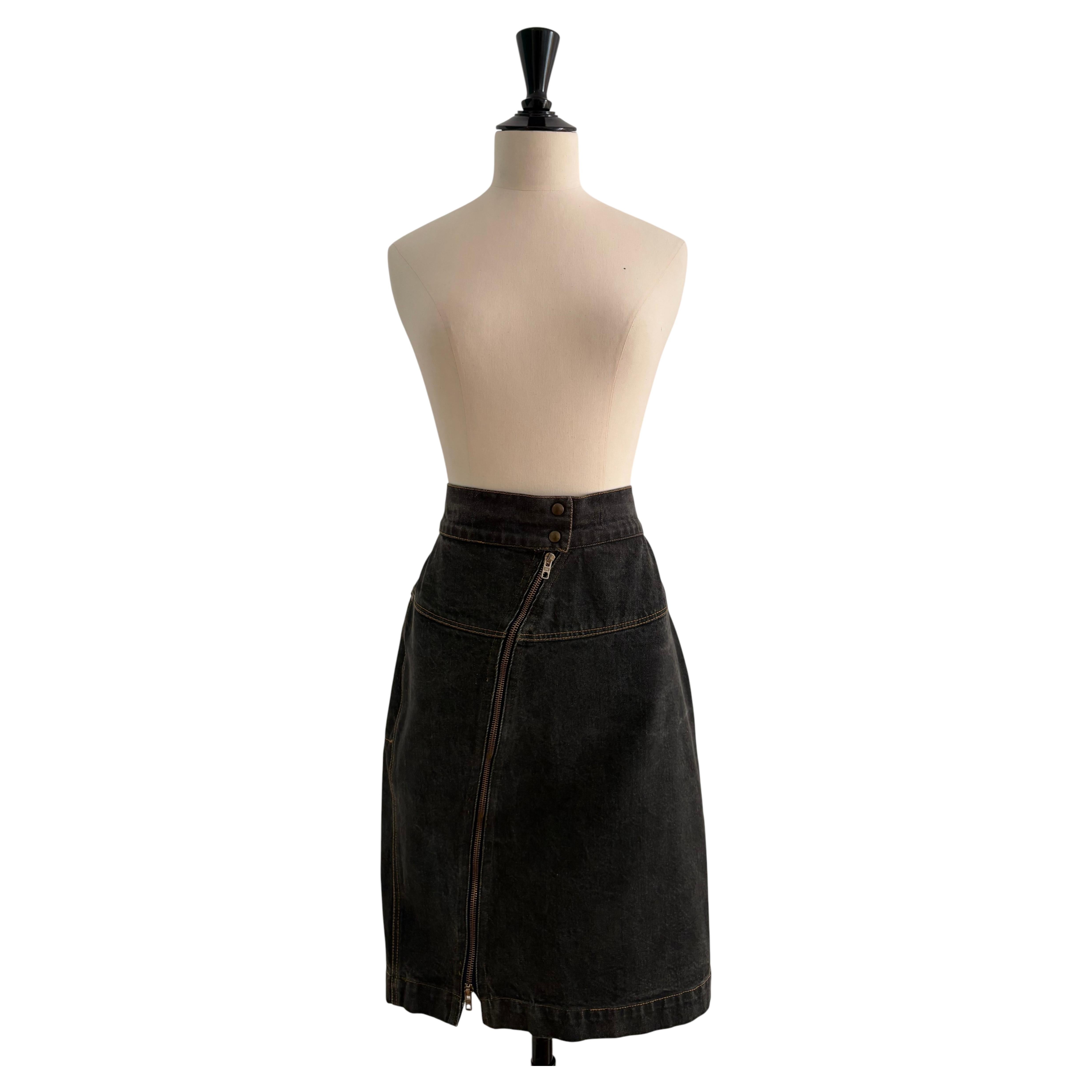 Alaïa Grey Denim Pencil Skirt with Asymmetrical Zip- 1980s For Sale