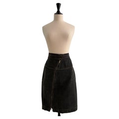 Alaïa Grey Denim Pencil Skirt with Asymmetrical Zip- 1980s