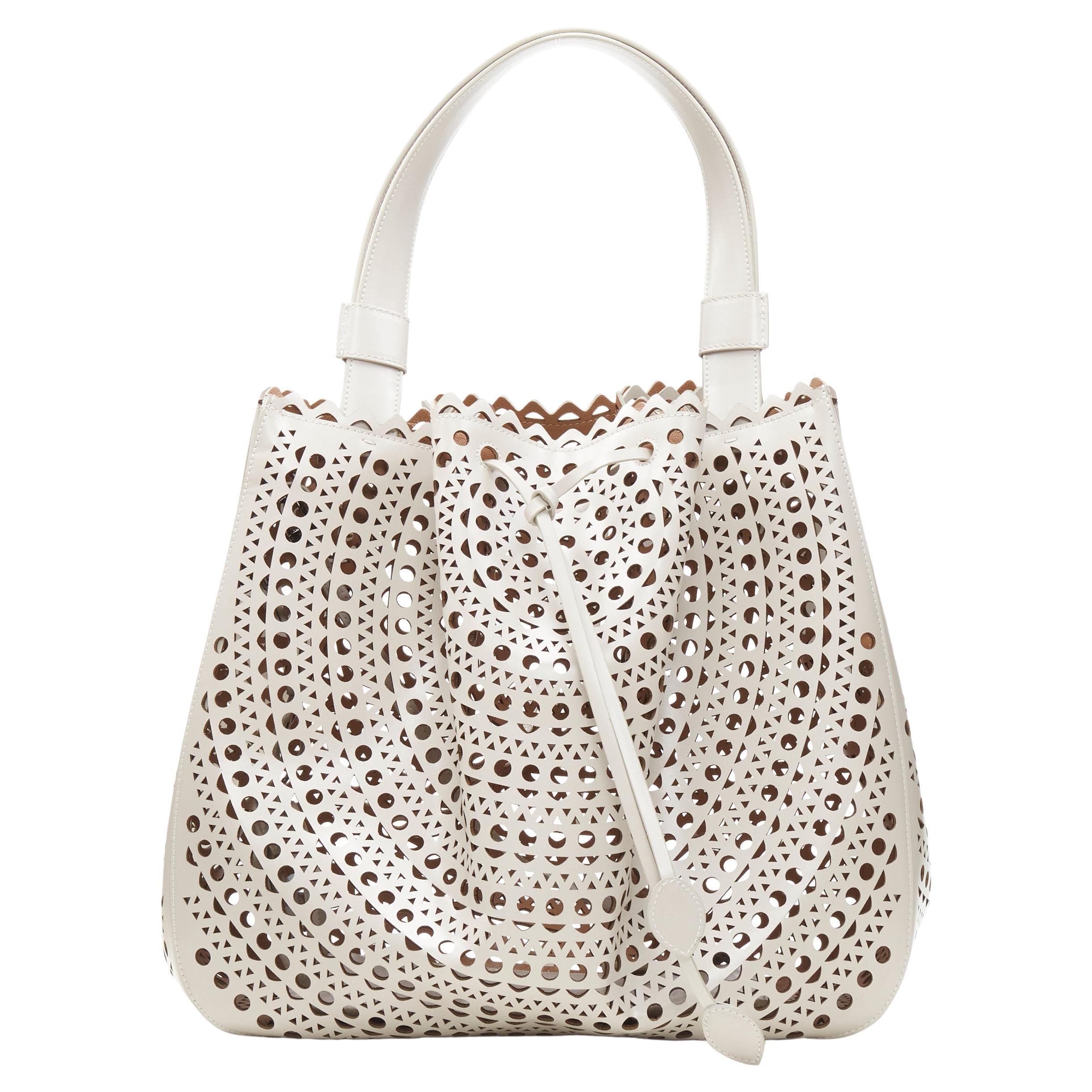 ALAIA grey leather geometric laser cut scalloped edge tote bag