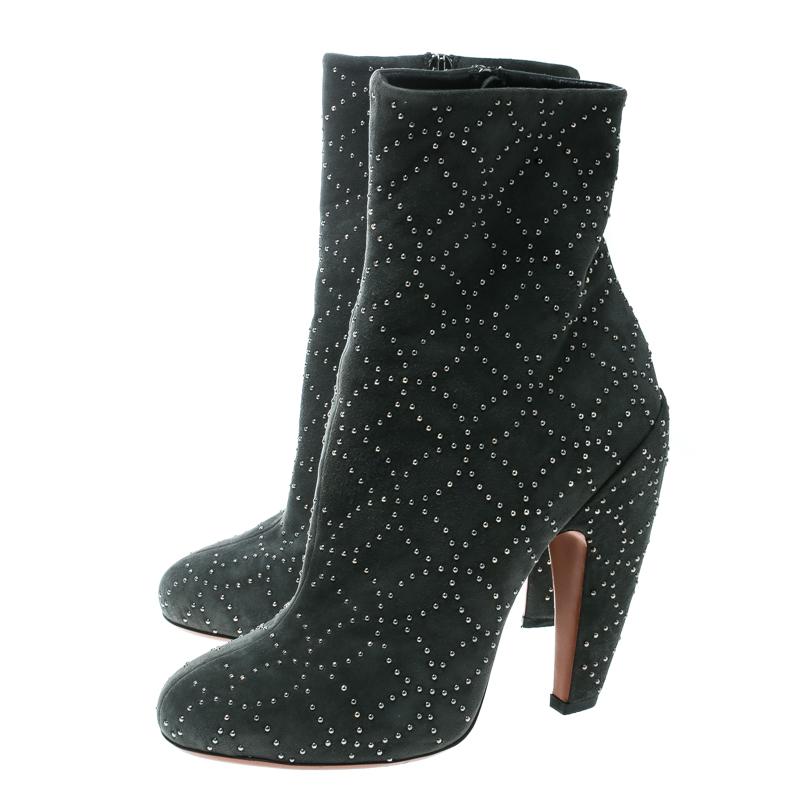 Black Alaia Grey Suede Studs Embellished Ankle Boots Size 37 For Sale