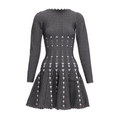 ALAIA grey virgin wool blend black graphic jacquard bateau fit flare dress FR36
