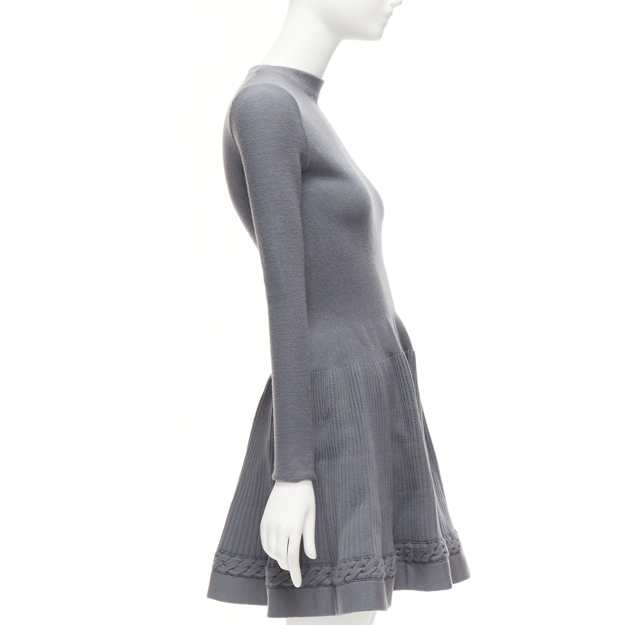 ALAIA grey virgin wool blend crew cable fit flare knitted dress FR38 XS In Good Condition For Sale In Hong Kong, NT