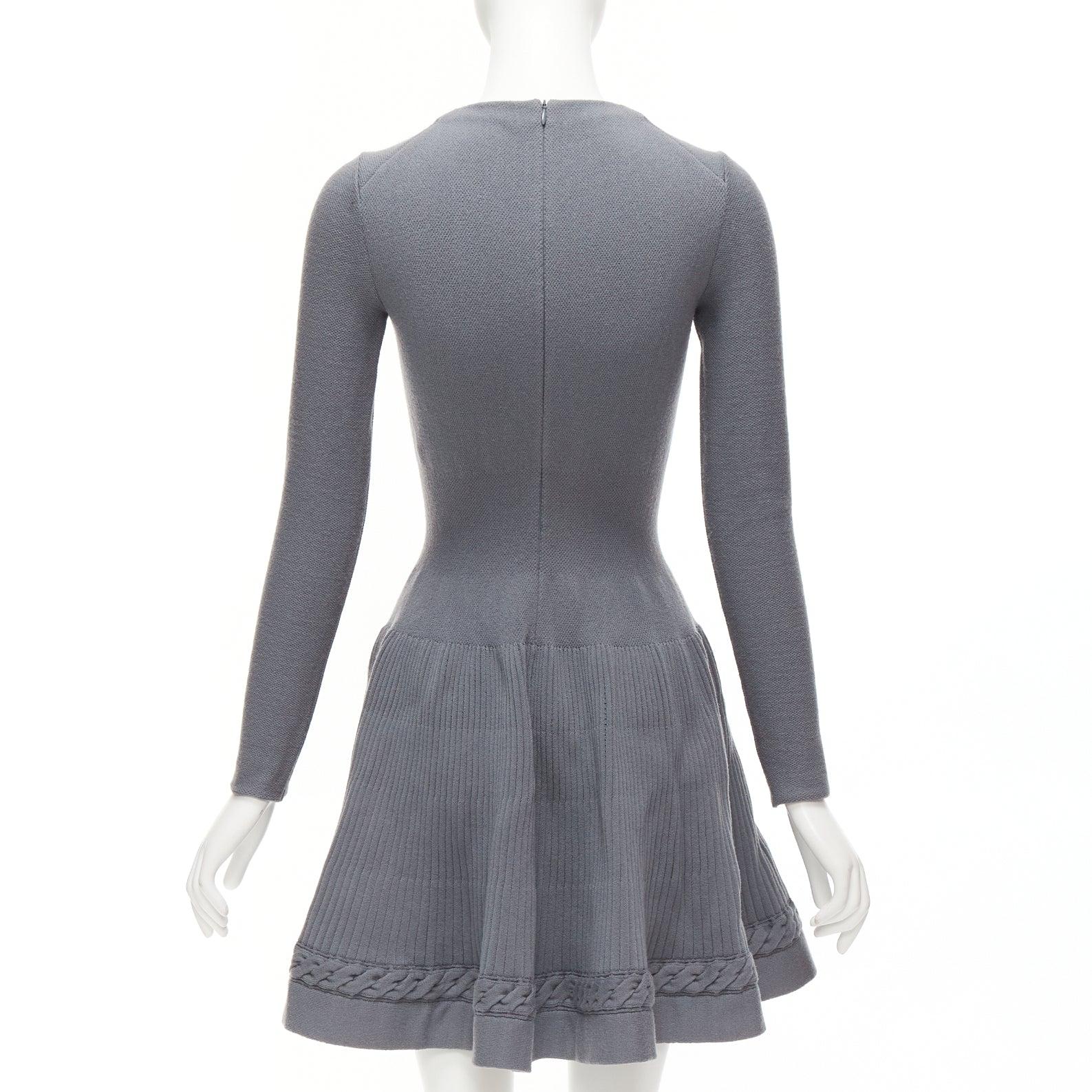 Women's ALAIA grey virgin wool blend crew cable fit flare knitted dress FR38 XS For Sale
