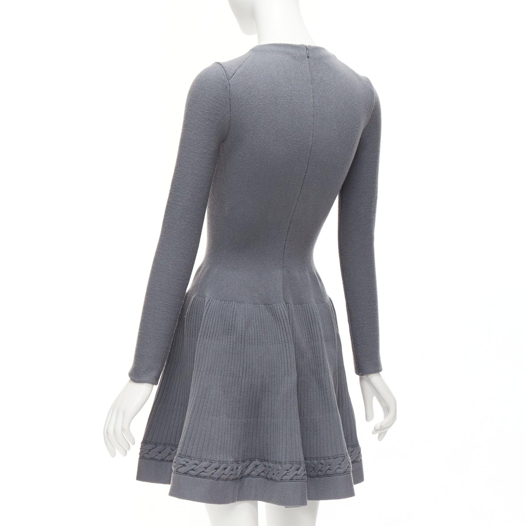 ALAIA grey virgin wool blend crew cable fit flare knitted dress FR38 XS For Sale 1