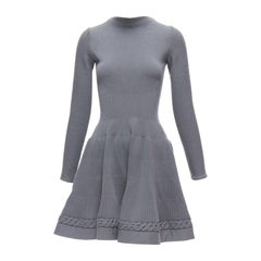 ALAIA grey virgin wool blend crew cable fit flare knitted dress FR38 XS