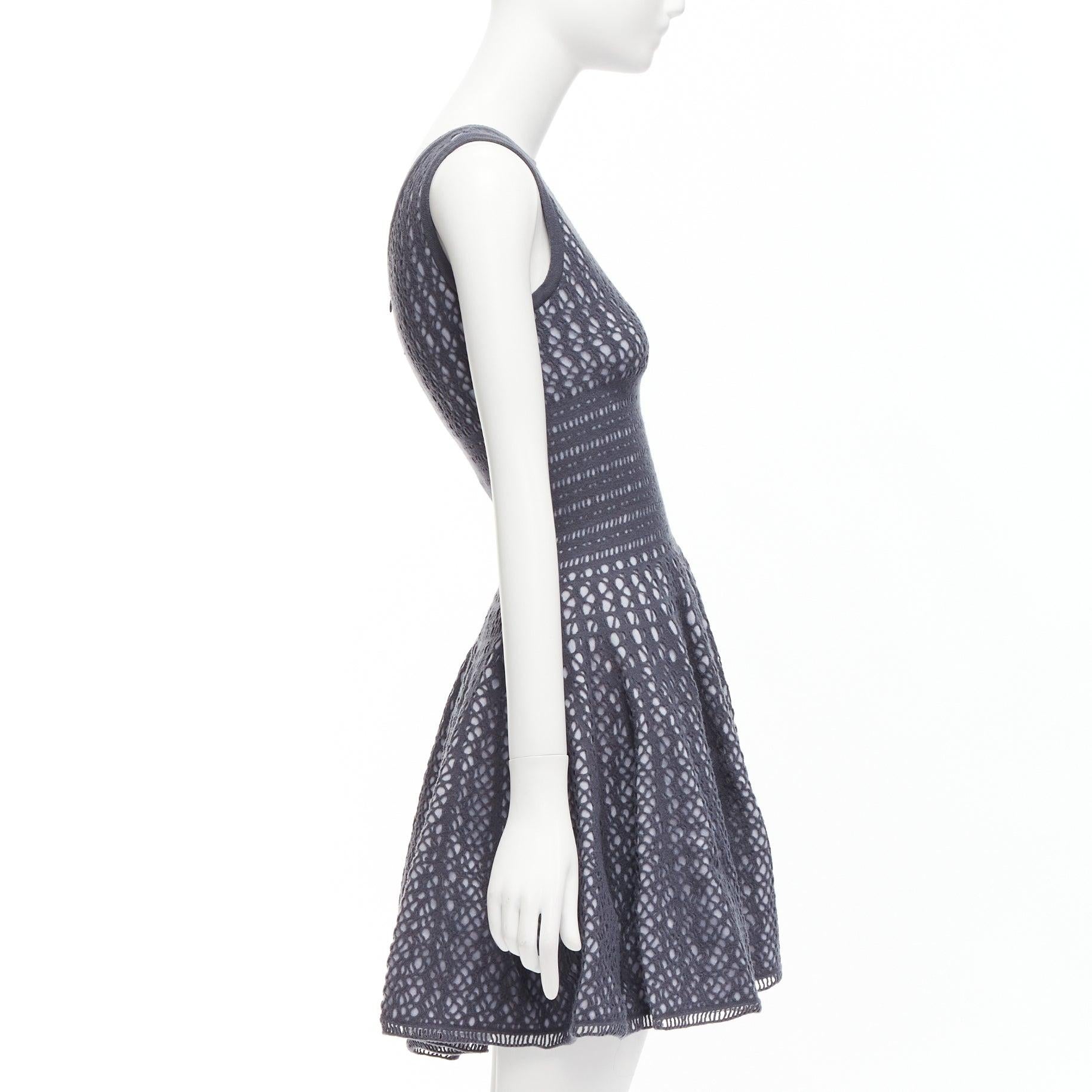 ALAIA grey virgin wool blend cut out jacquard fit flared mini FR36 S In New Condition In Hong Kong, NT