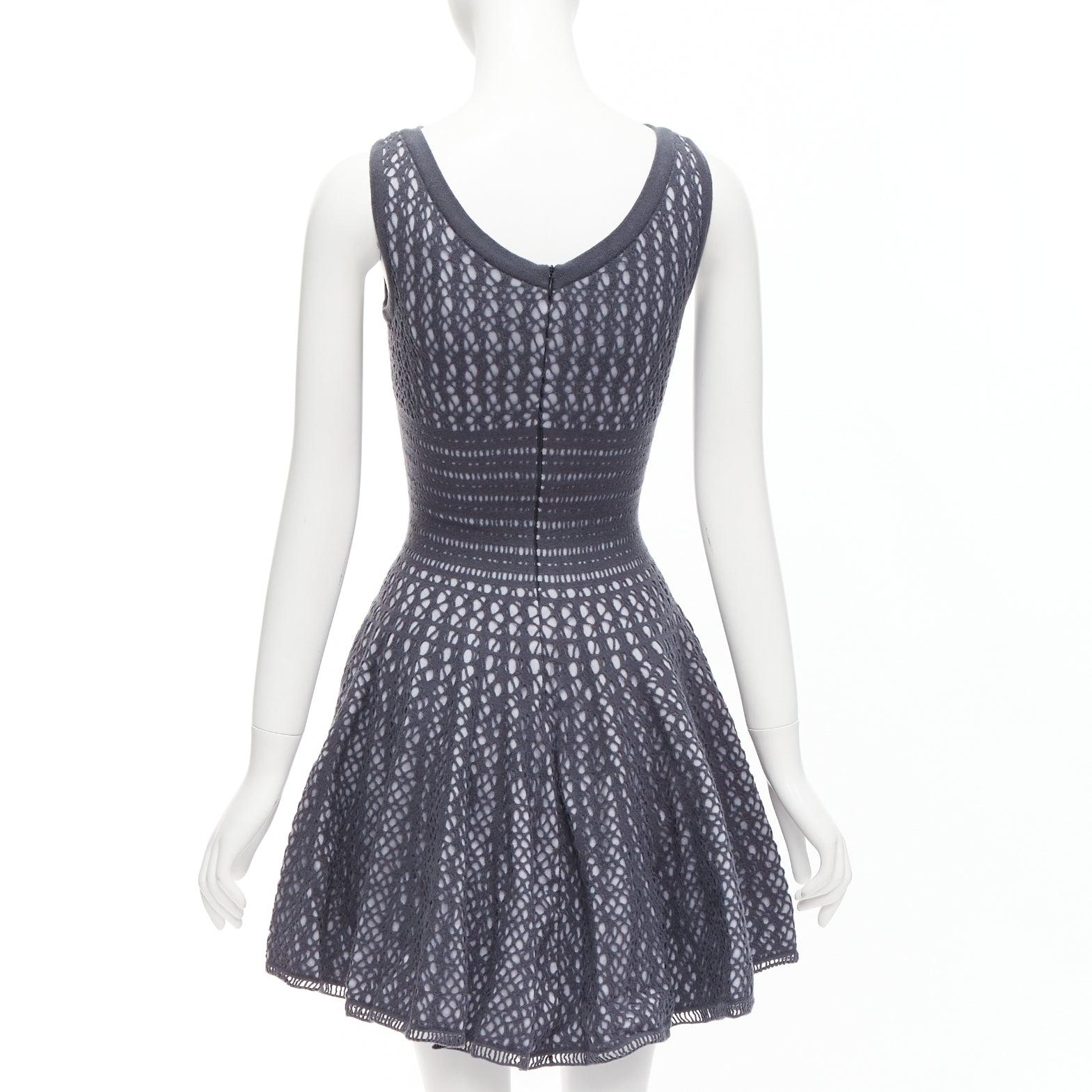 Women's ALAIA grey virgin wool blend cut out jacquard fit flared mini FR36 S