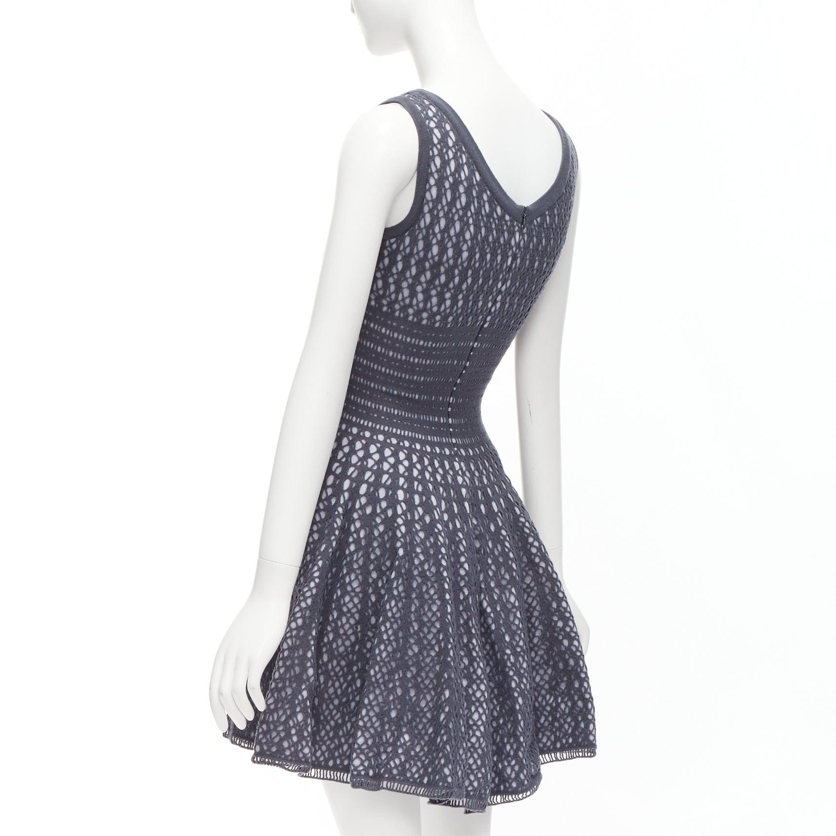ALAIA grey virgin wool blend cut out jacquard fit flared mini FR36 S 1