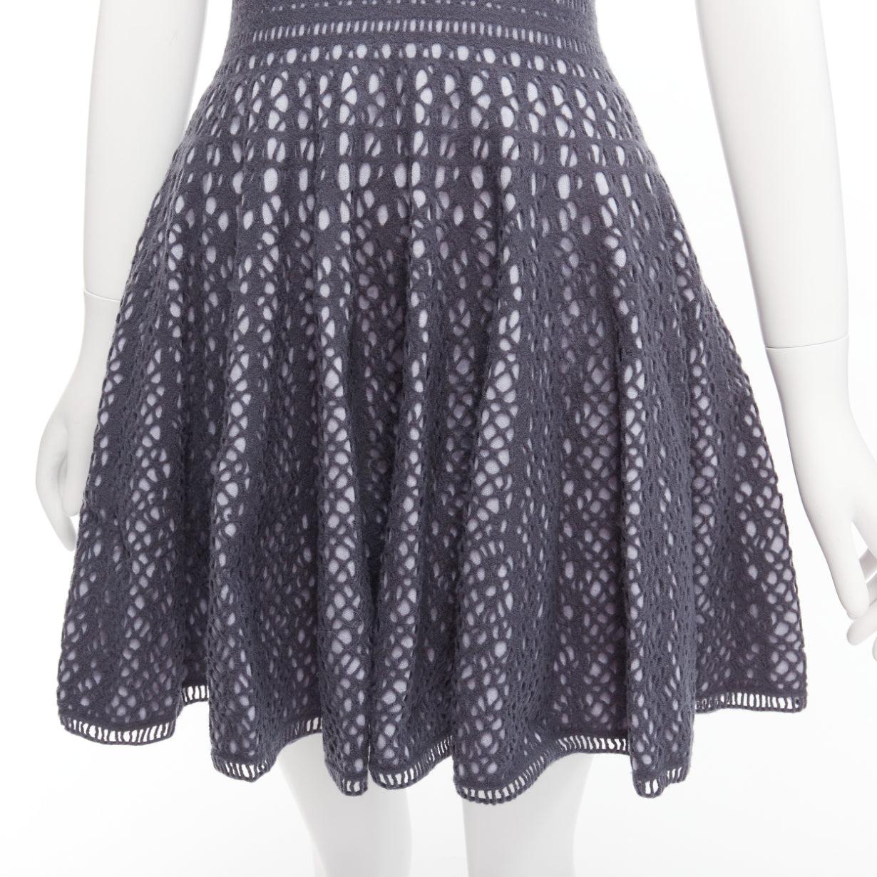 ALAIA grey virgin wool blend cut out jacquard fit flared mini FR36 S 2