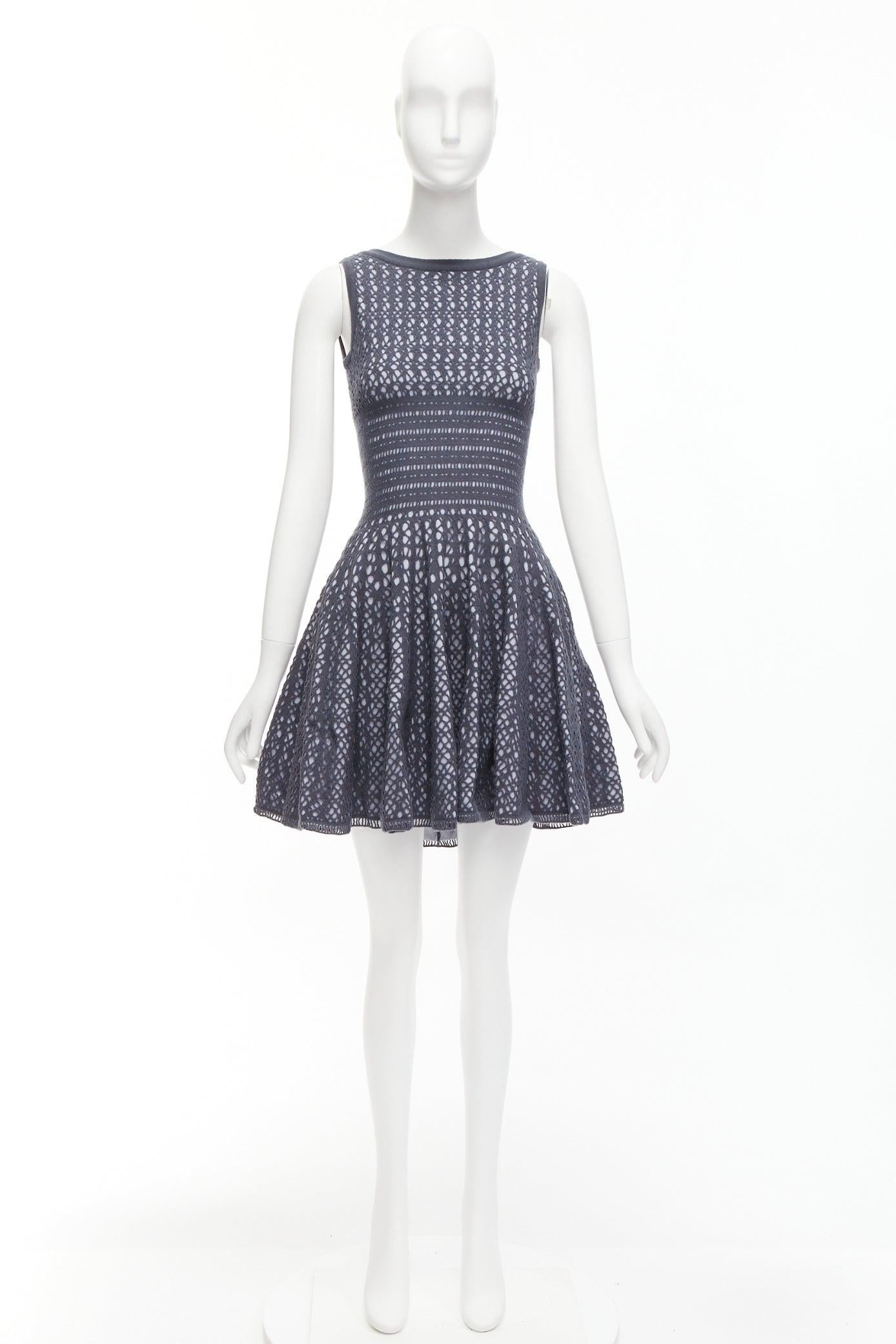 ALAIA grey virgin wool blend cut out jacquard fit flared mini FR36 S 4
