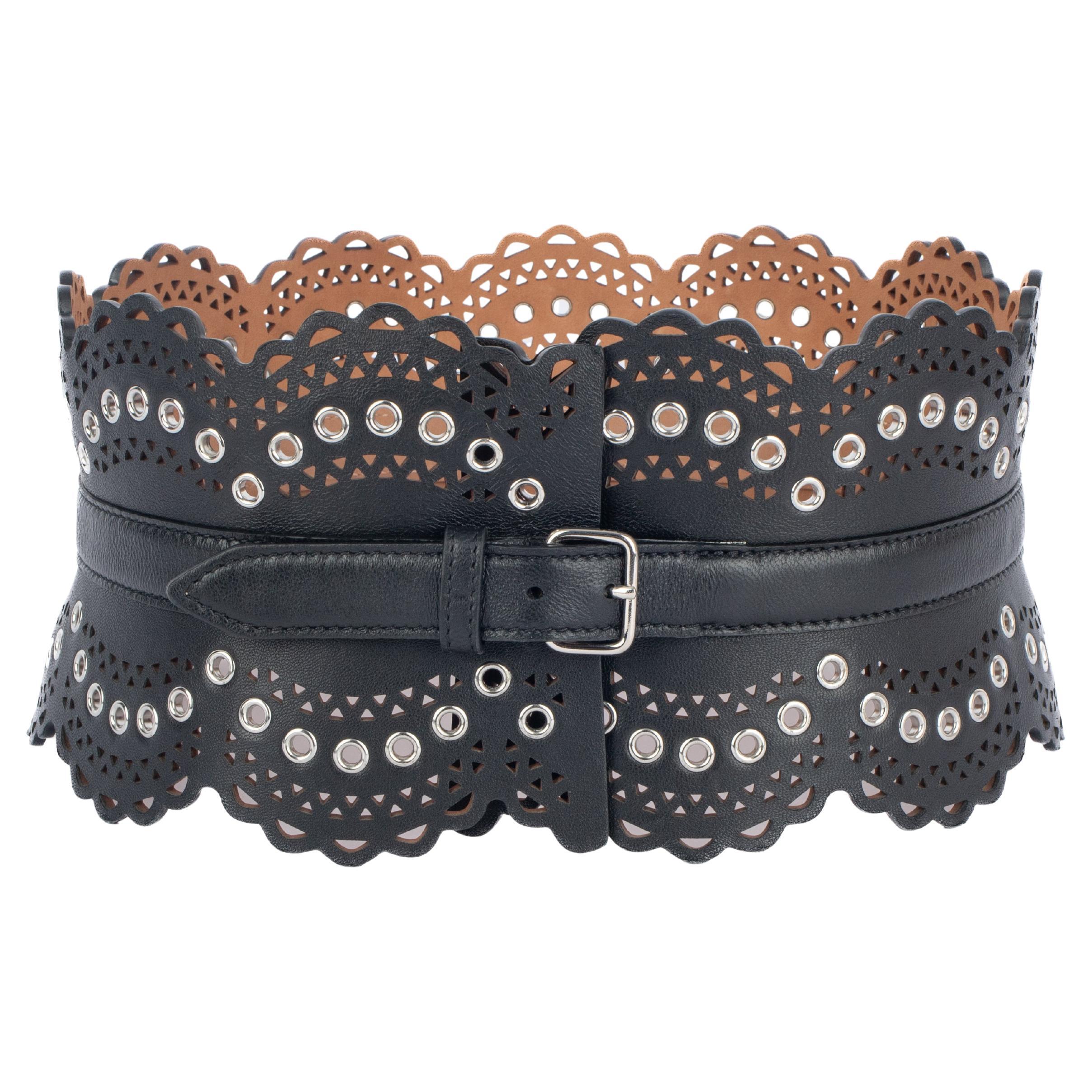 ALAIA PARIS Belt Black Leather Lace-Up Corset Laser Cut Italy 75 Size Medium ALAÏA Laser-cut leather belt | NET-A-PORTER main image 2