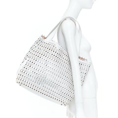 ALAIA Le Mina Vienne Wave laser cut white calfskin leather travel tote bag