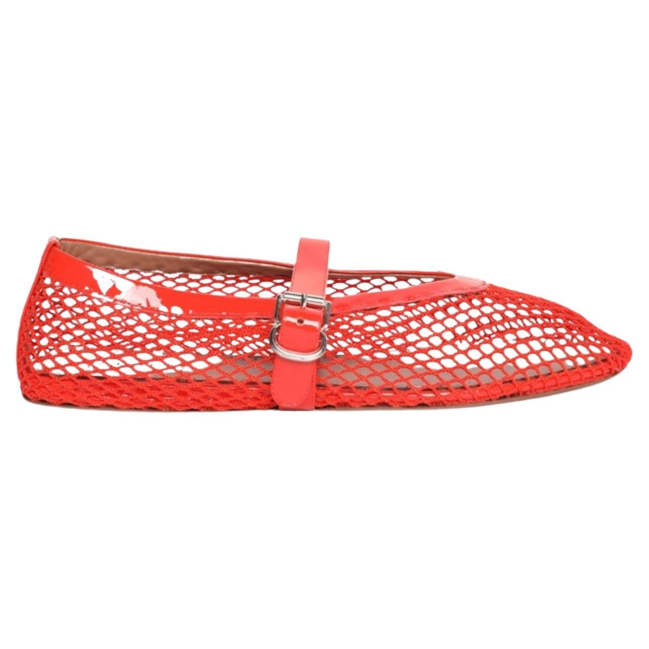 Pre-owned Alaïa Alaia Leather-trimmed Fishnet Ballet Flats It39 In Red