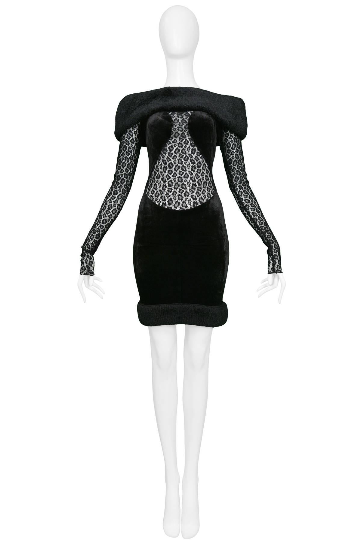 Iconic Azzedine Alaia cold shoulder black velvet inset dress with black leopard lace and large velvet band at neckline and hem.  Featured on the runway and in numerous editorials. Collection 1991. Dress has an easy fit as velvet and lace have