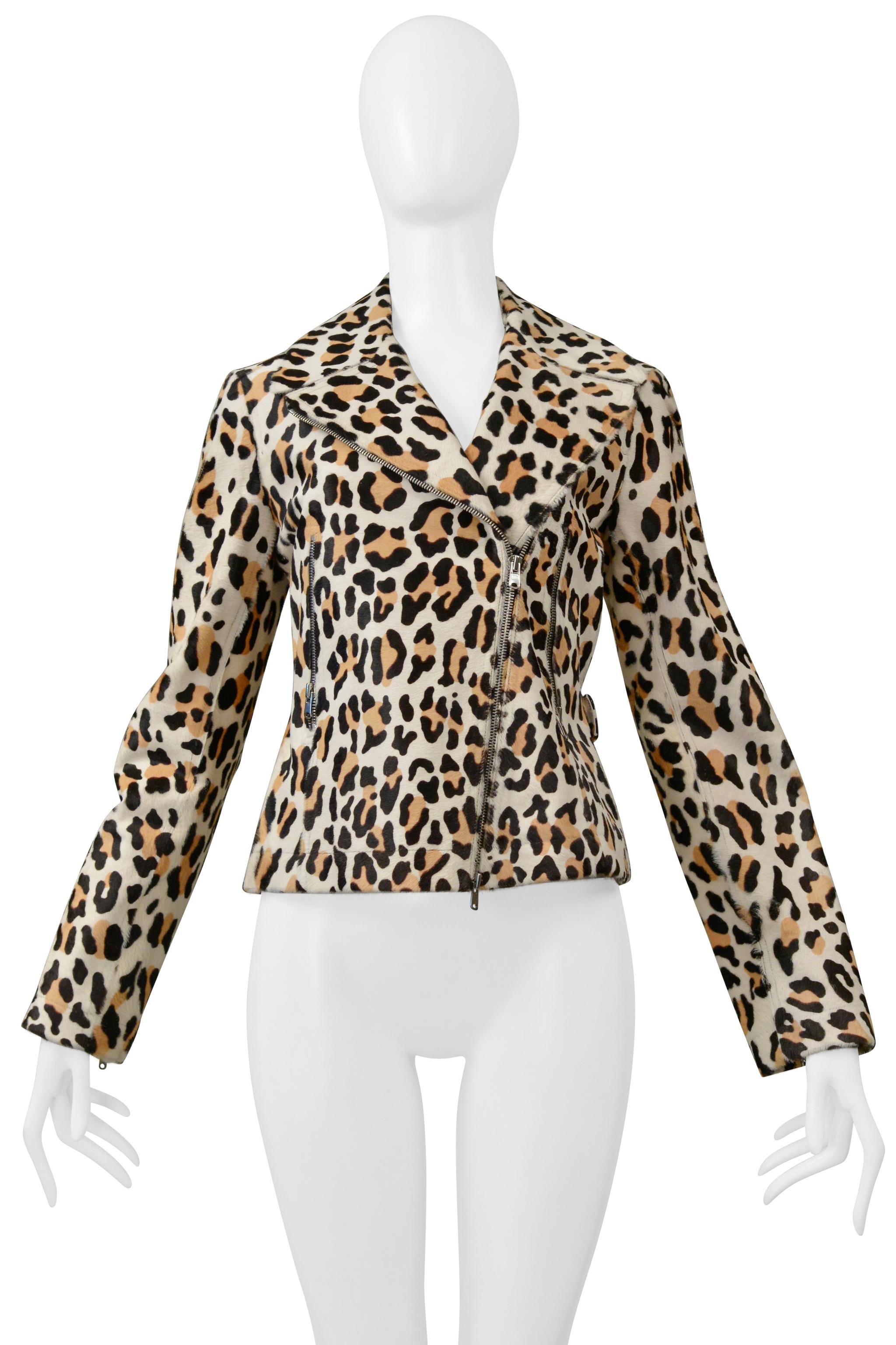 Resurrection Vintage is excited to offer a vintage Azzedine Alaia ponyskin motorcycle jacket featuring leopard print, side zipper, zipper pockets, attached back belt with buckles, and full lining.

Alaia
Size: Small
Fabric: 100% Calf Leather, 100%