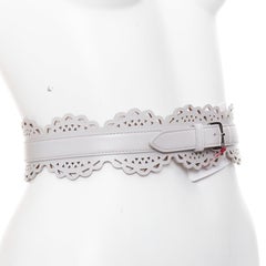 ALAIA light grey leather laser cut details silver buckle scallop belt 65cm