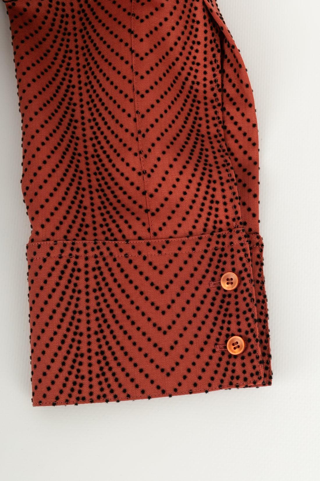 Alaïa Long Flared Dress in Brown/Orange Wool with Black Dots For Sale 2