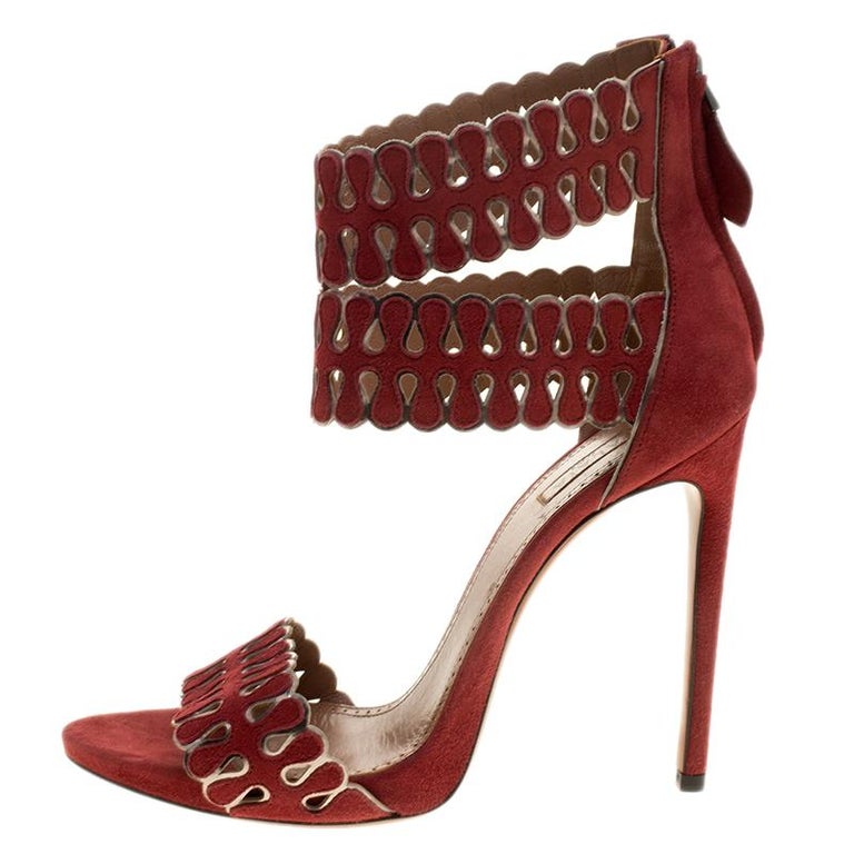 Alaia Maroon Cut Out Suede Ankle Cuff Peep Toe Sandals Size 40 For Sale ...