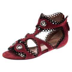 Alaia Maroon Suede Scallop Eyelet Embellished Ankle Cuff Flat Sandals Size 35