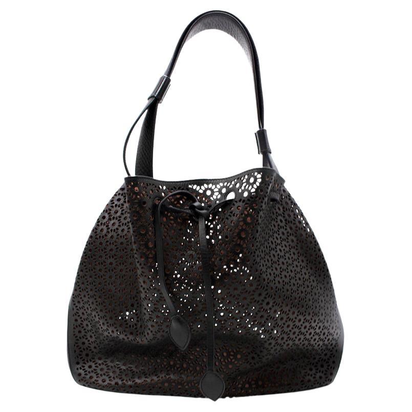 Alaia Medium Black Leather Laser Cut Tote Bag For Sale