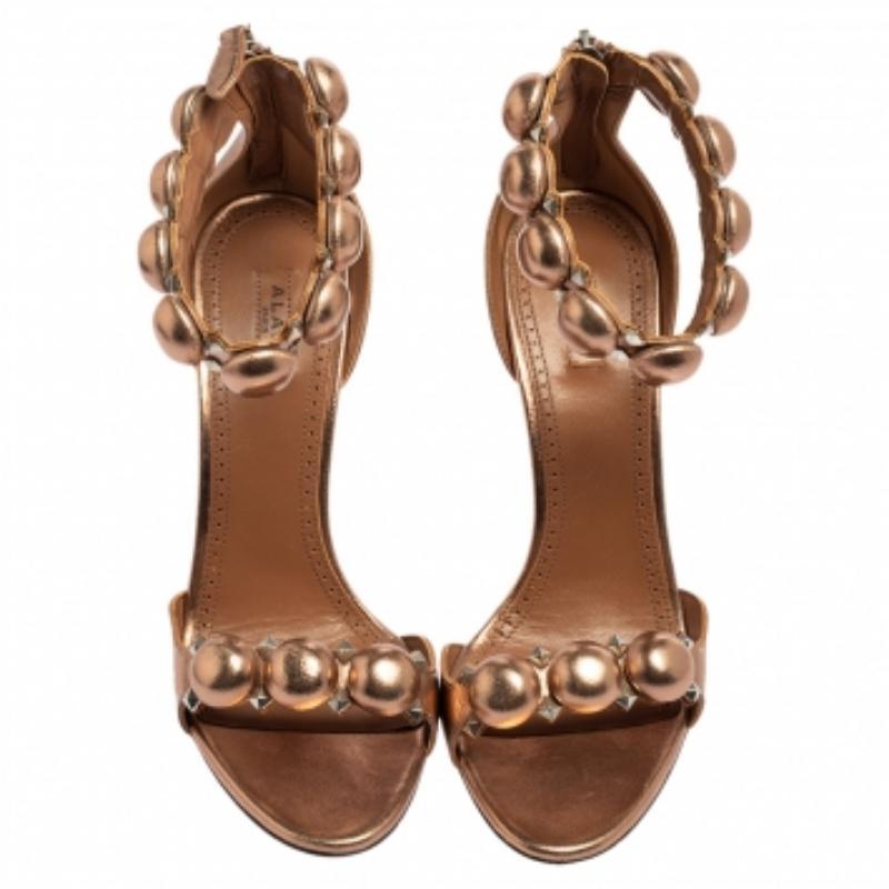 Brown Alaia Metallic Bronze Leather Bombe Ankle Strap Sandals Size 39 For Sale