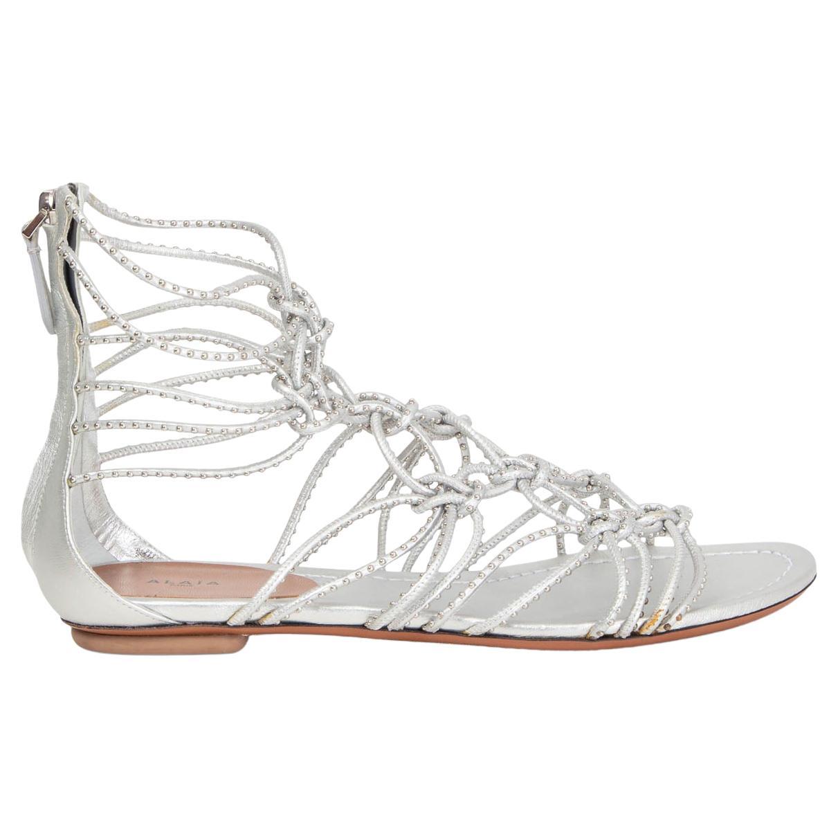 ALAIA metallic silver STUDDED CAGED GLADIATOR Sandals Shoes 38