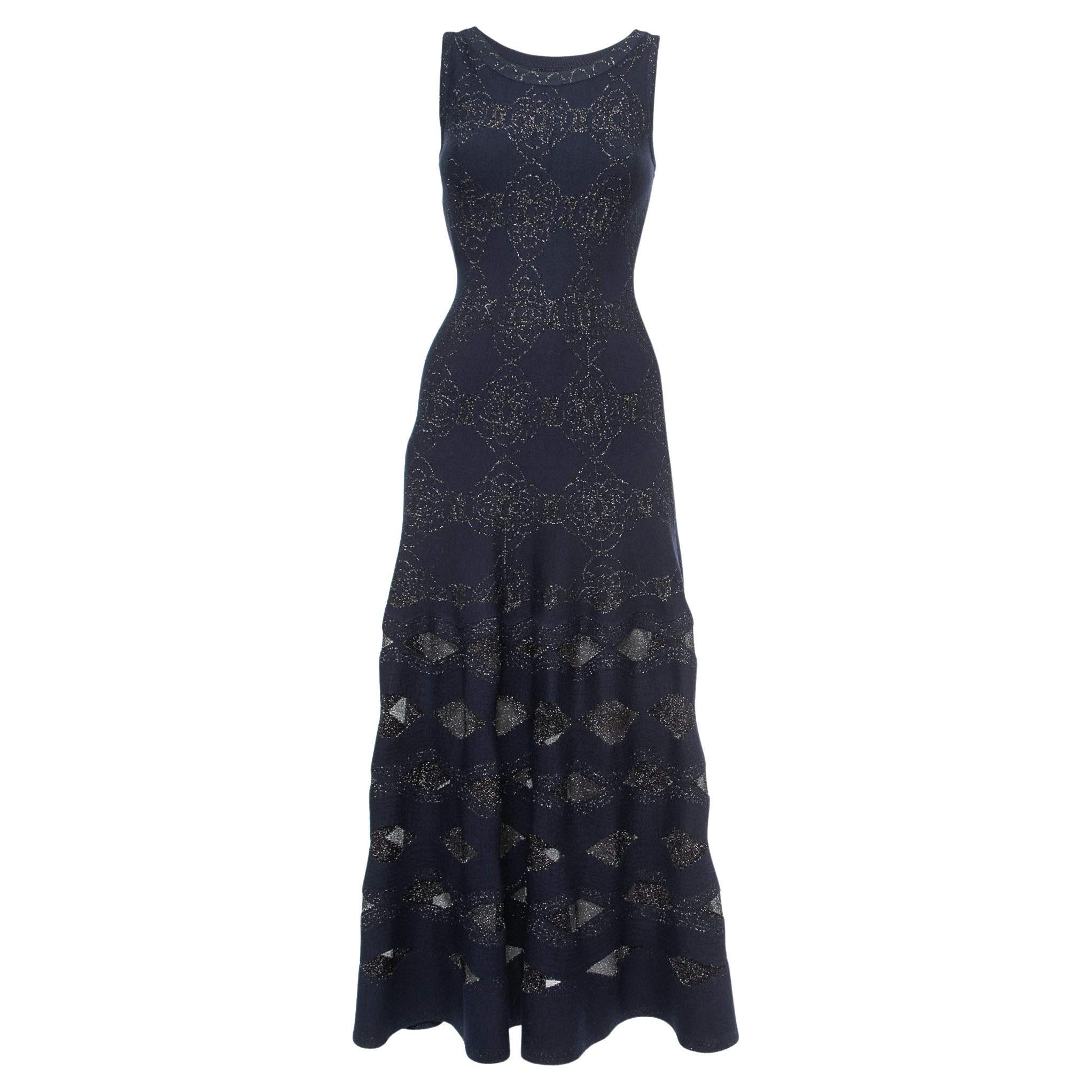 Alaia Midnight Blue Floral Lurex Knit Sleeveless Midi Dress XS