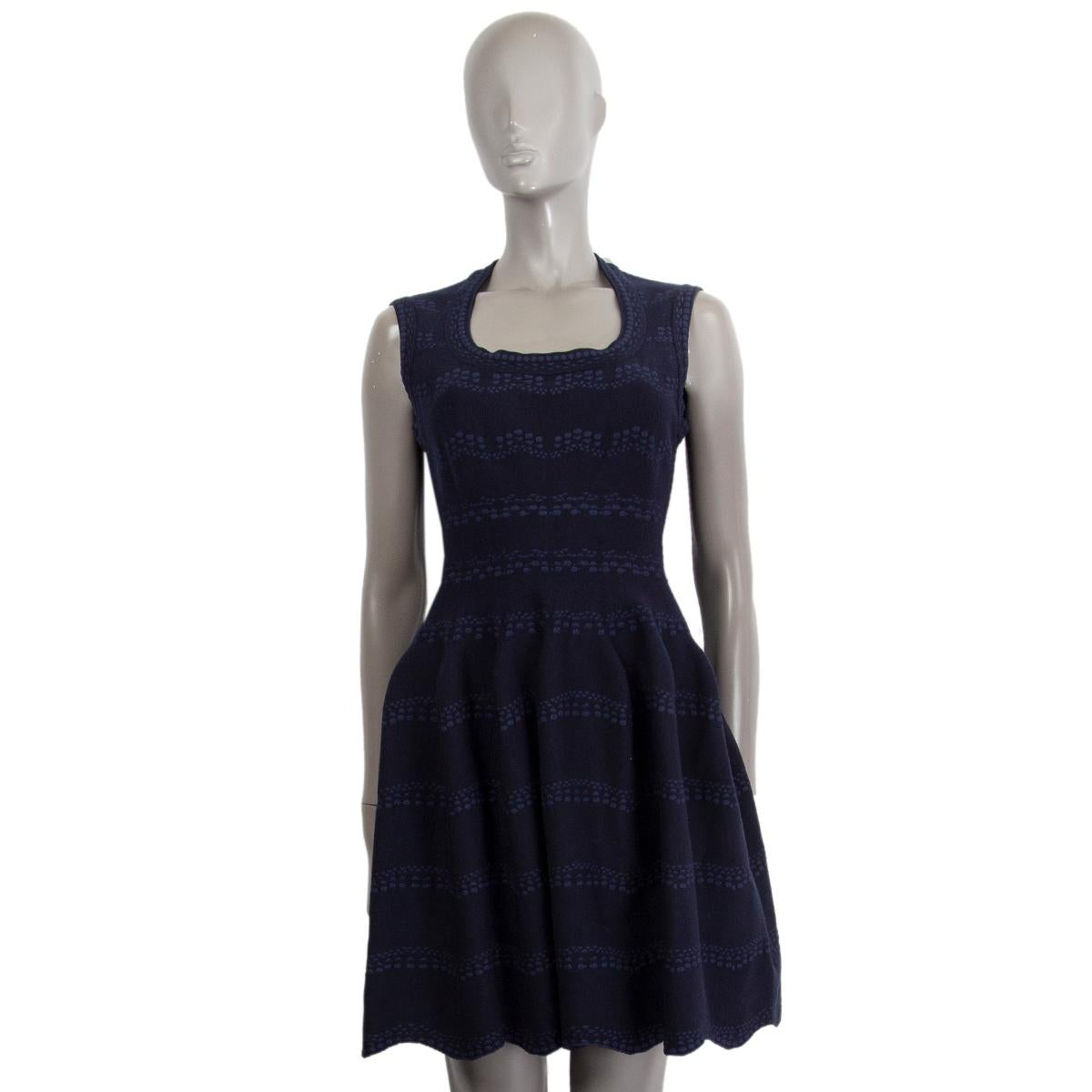 ALAIA midnight & navy blue wool JACQUARD KNIT Flared Dress 40 In Excellent Condition In Zürich, CH
