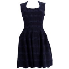 ALAIA midnight & navy blue wool JACQUARD KNIT Flared Dress 40