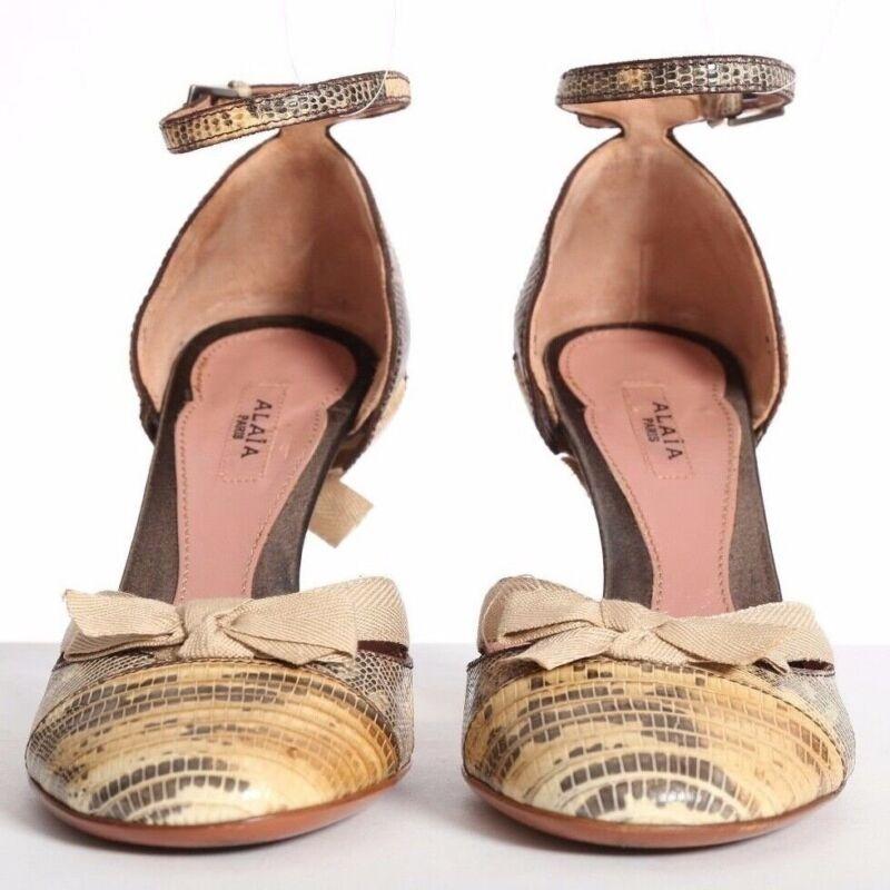 Beige ALAIA natural scaled ribbon bow ankle strap pumps heels EU35.5 US5.5 UK2.5 For Sale