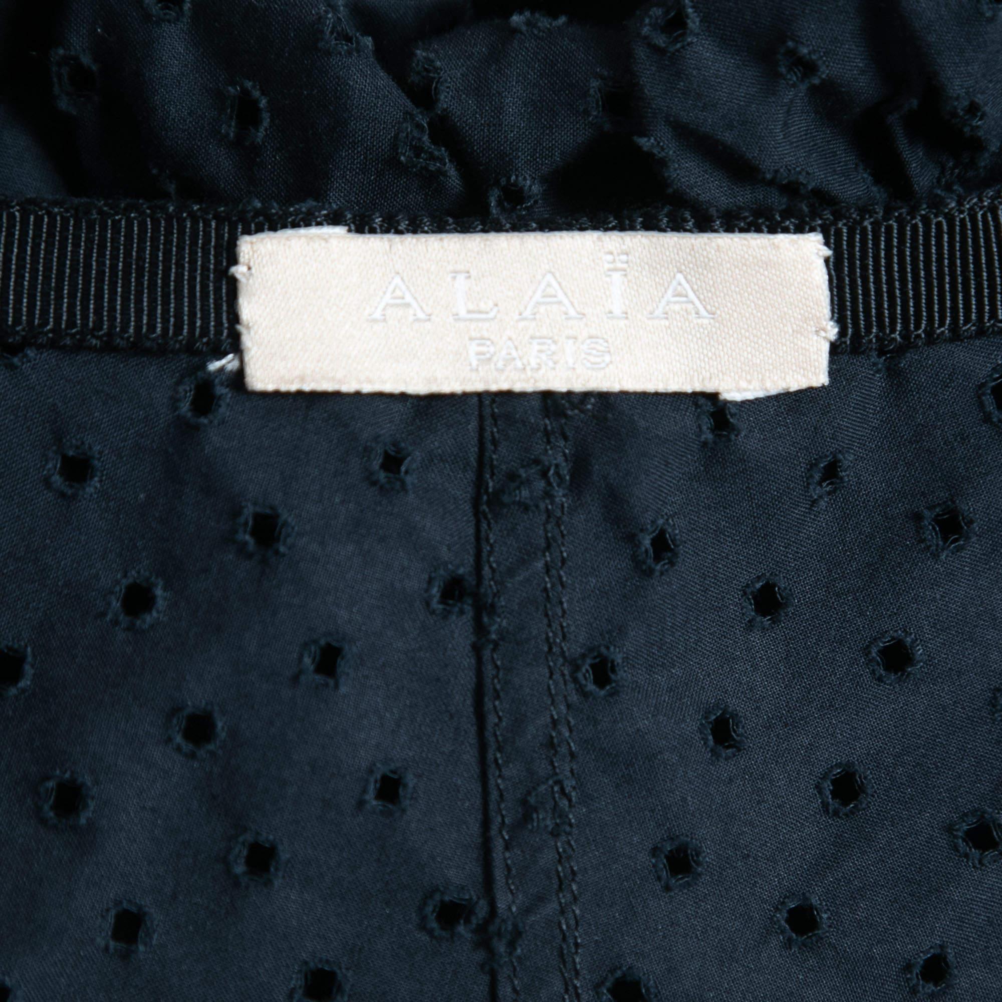 Alaia Navy Blue Eyelet Cotton Flared Mini Skirt M For Sale 2