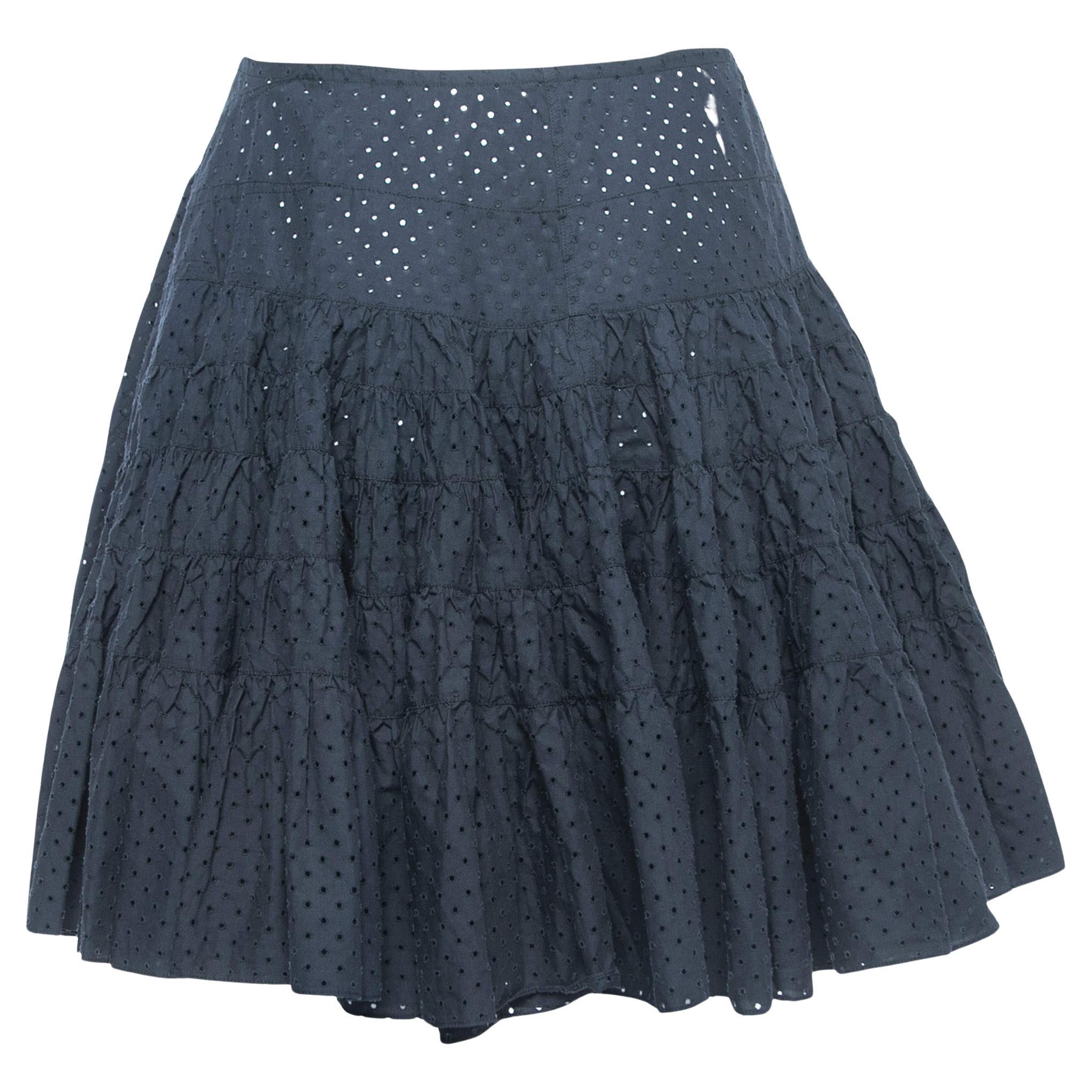 Alaia Navy Blue Eyelet Cotton Flared Mini Skirt M For Sale