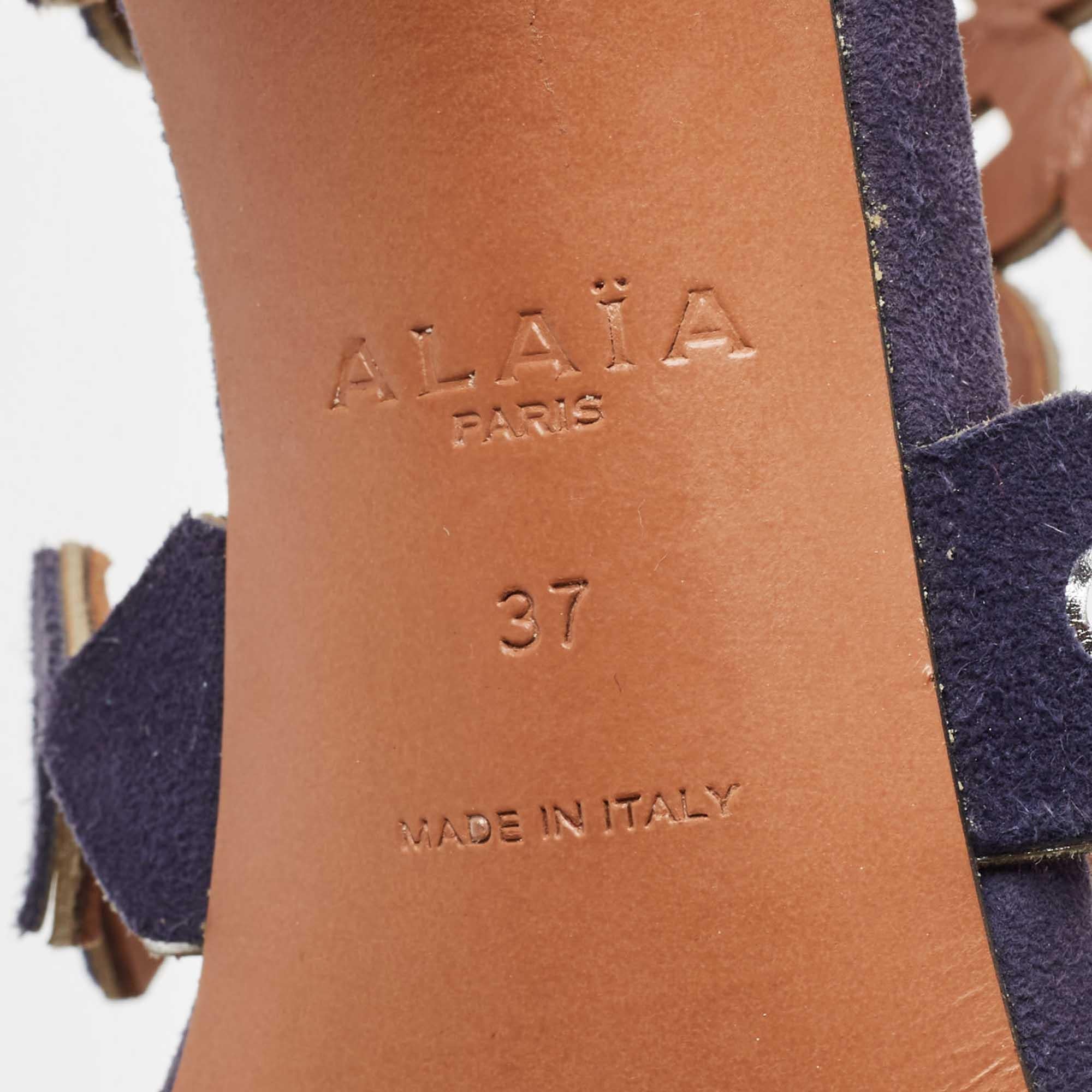 Alaia Navy Blue Laser Cut Suede T-Bar Ankle Strap Sandals Size 37 For Sale 3