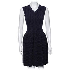 Alaia Navy Blue Patterned Stretch Knit Sleeveless Flared Dress S