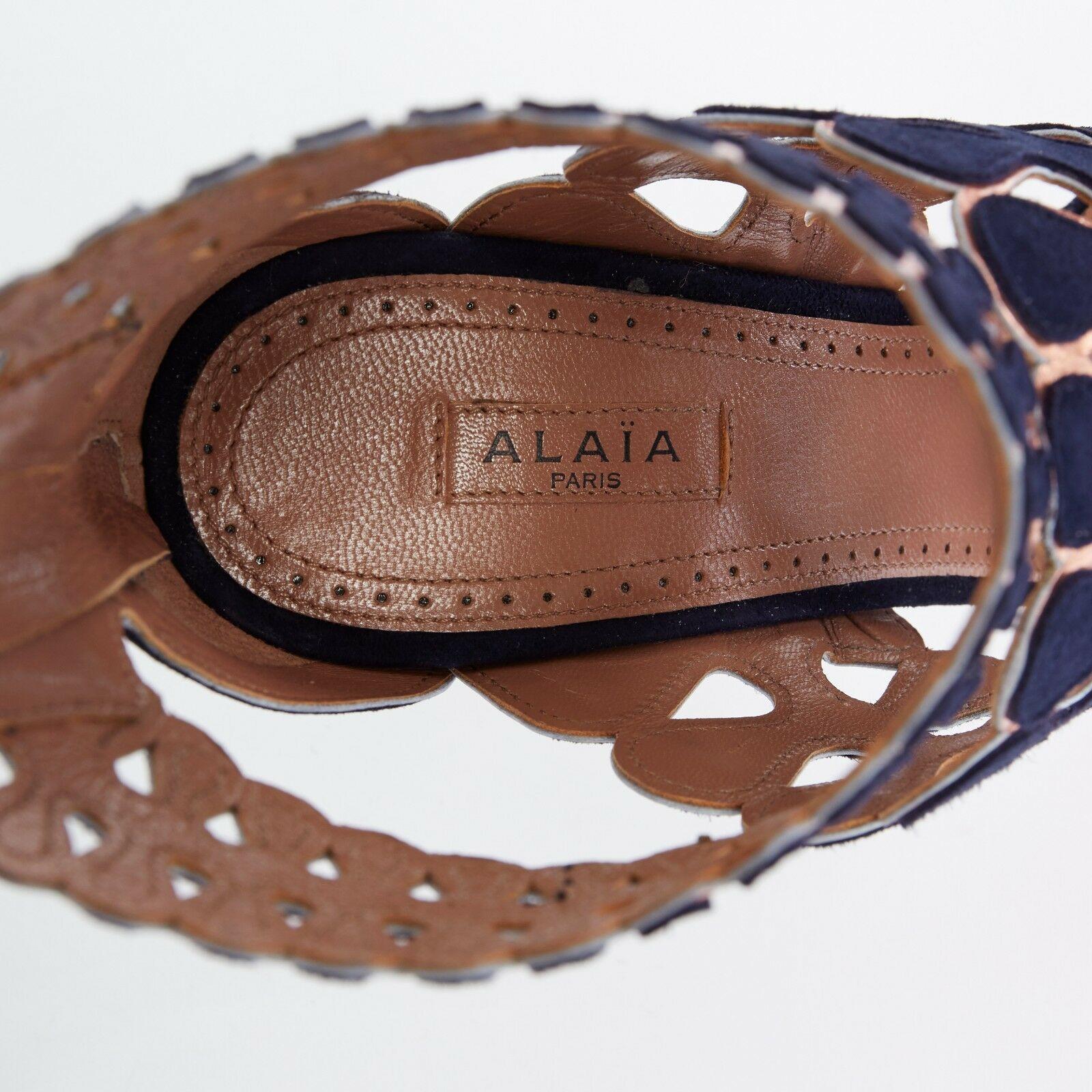 ALAIA navy blue suede copper trimmed squiggly open toe sandal heel EU37 US7 UK4 2