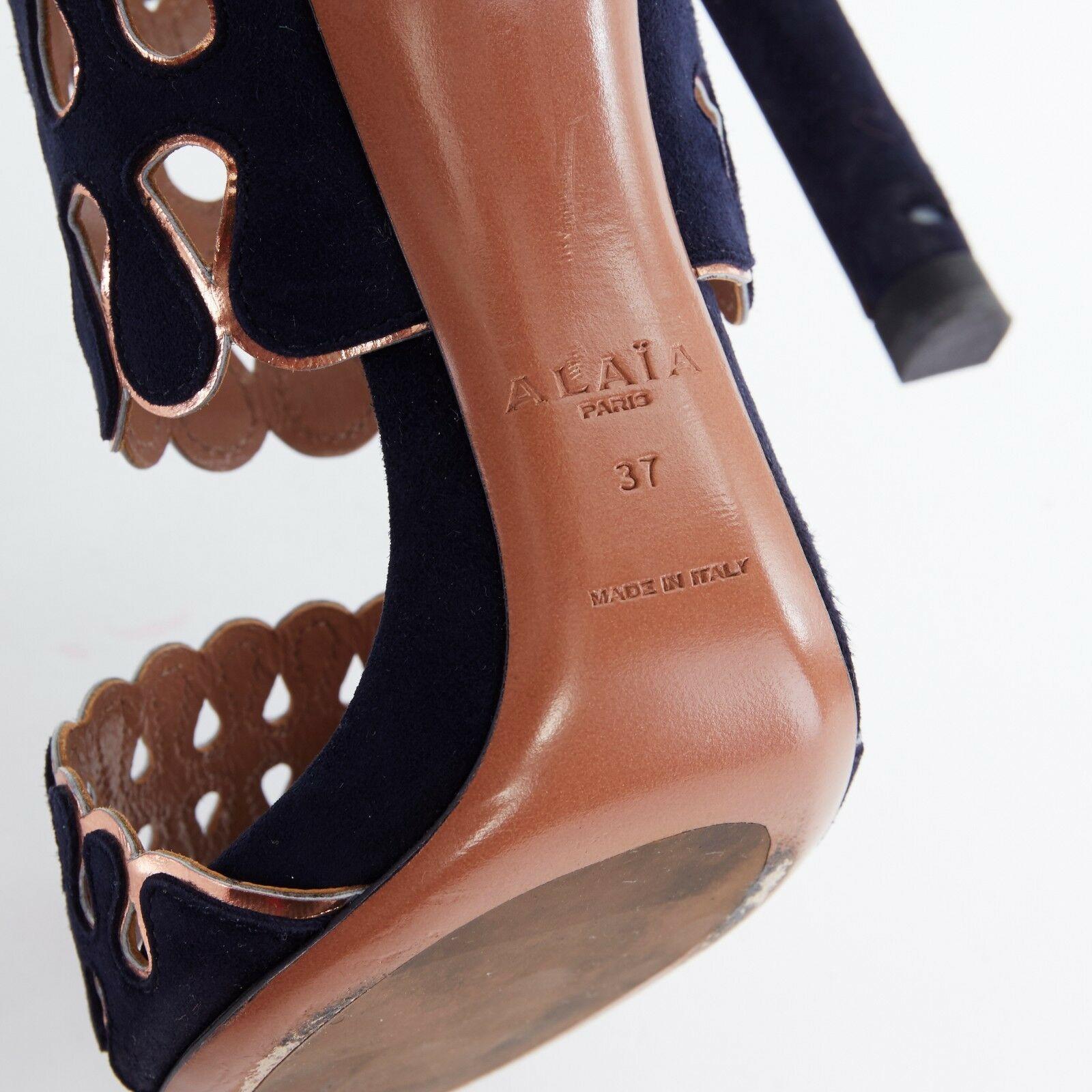ALAIA navy blue suede copper trimmed squiggly open toe sandal heel EU37 US7 UK4 3