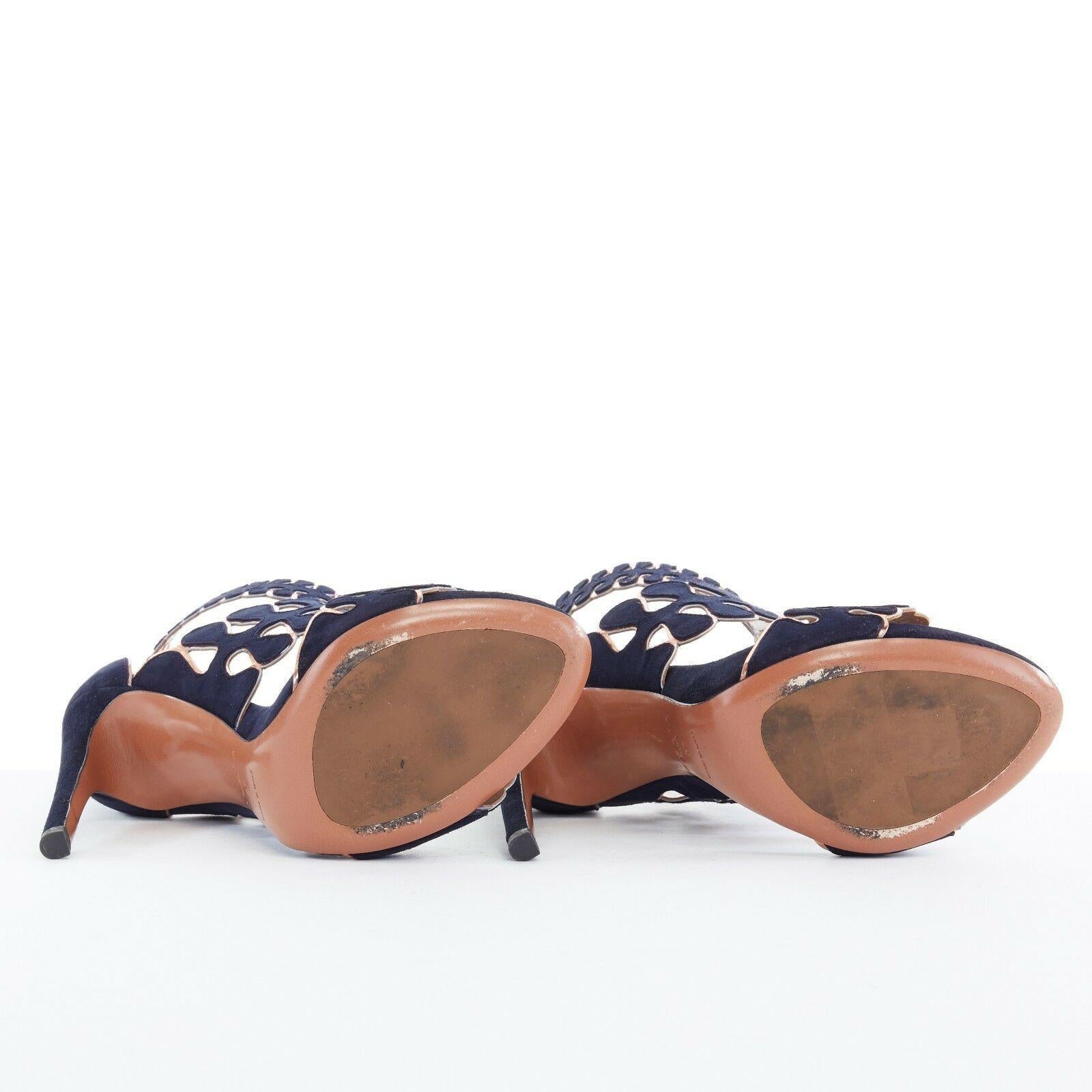 Black ALAIA navy blue suede copper trimmed squiggly open toe sandal heel EU37 US7 UK4