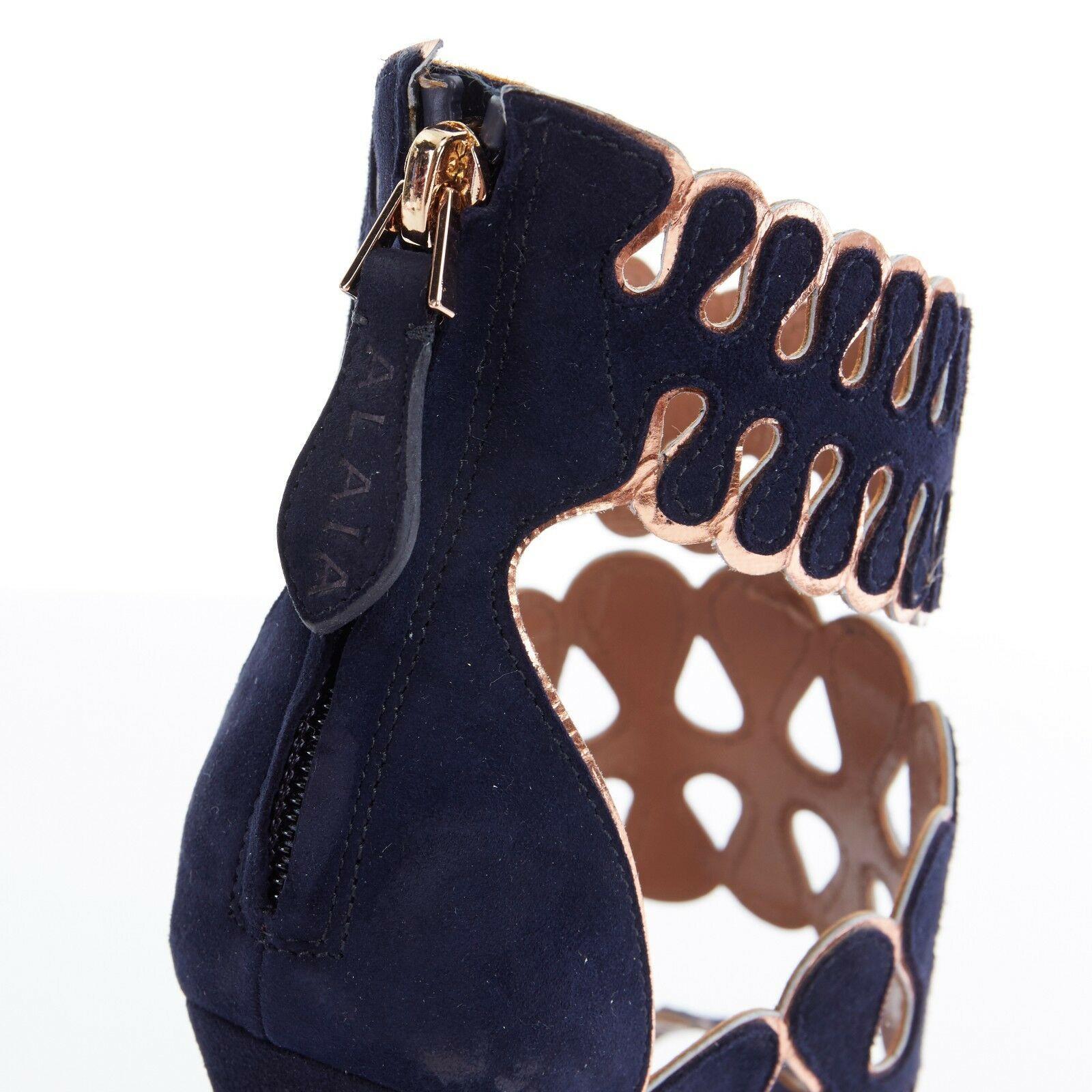 Women's ALAIA navy blue suede copper trimmed squiggly open toe sandal heel EU37 US7 UK4