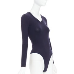 ALAIA navy virgin wool blend v-neck bodysuit sweater leotard top FR36 S