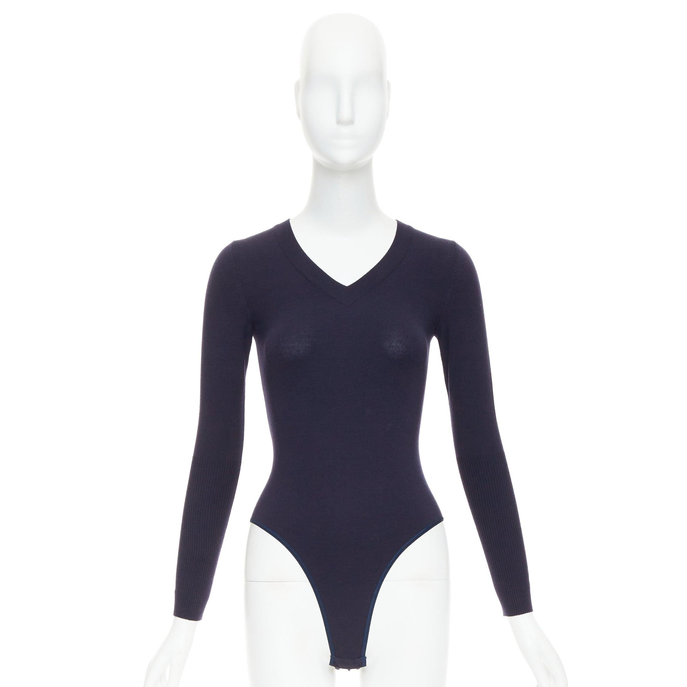 ALAIA navy Schurwollmischung V-Ausschnitt Bodysuit Pullover Trikot Oberteil FR36 S im Angebot 4