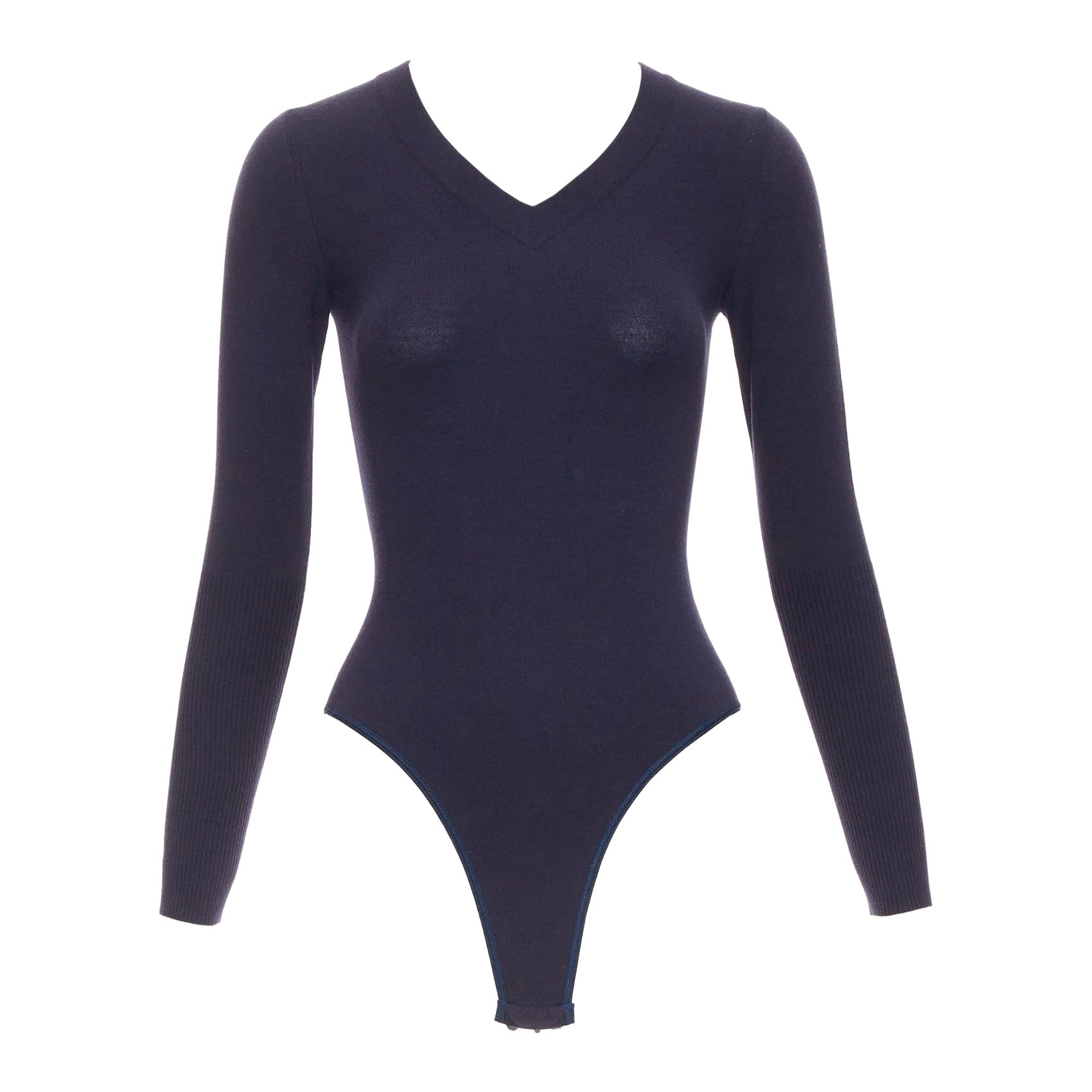 ALAIA navy Schurwollmischung V-Ausschnitt Bodysuit Pullover Trikot Oberteil FR36 S