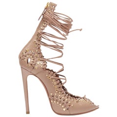 ALAIA nude leather gold stud embellished lace up high heel sandals EU37.5