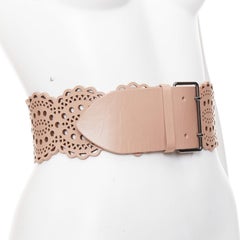 ALAIA nude leather laser cut out scallop edge wide belt 65cm