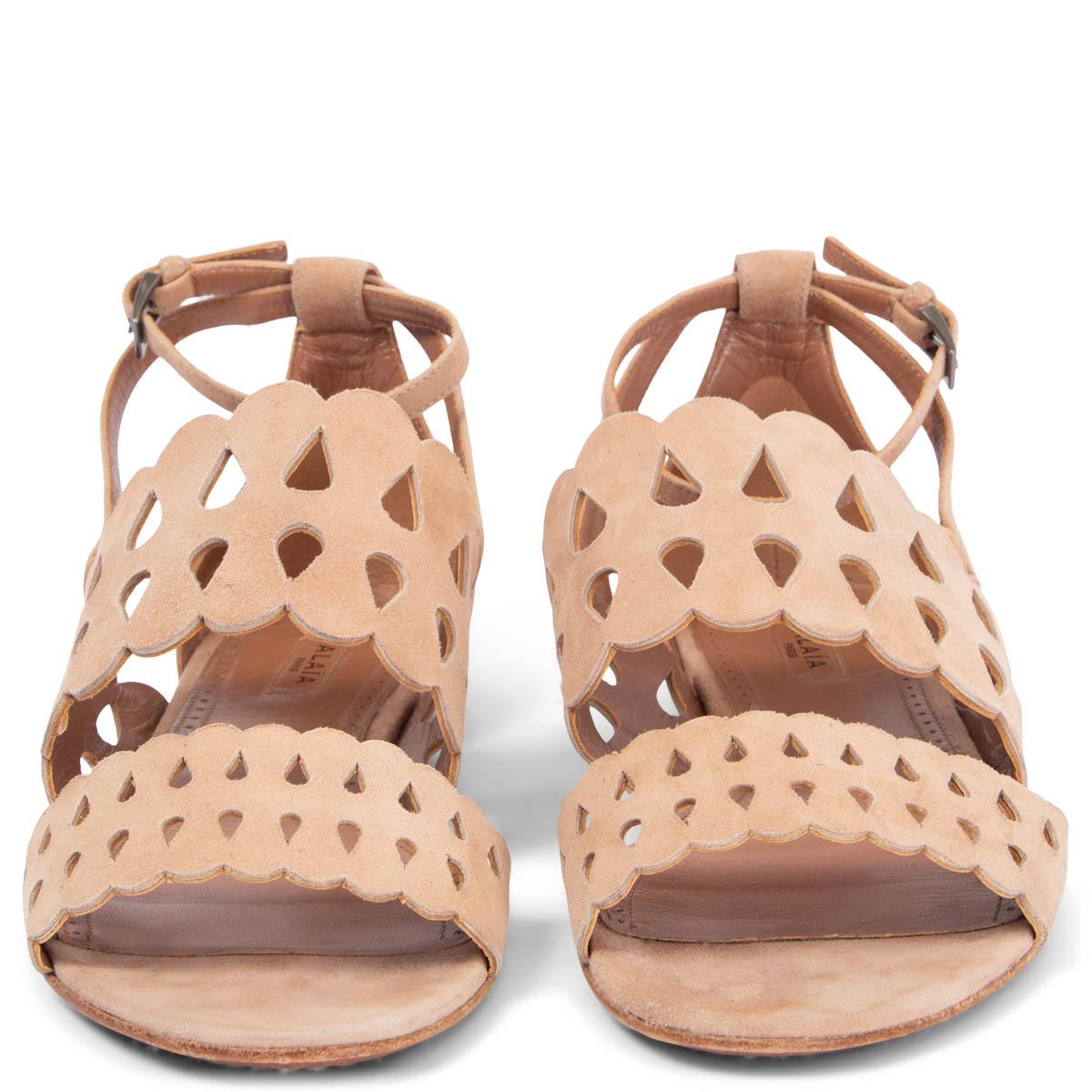 100% authentic Alaïa perforated laser-cut flats sandals in nude suede leather and ankle-strap closure. Have been worn and are in excellent condition. 

Measurements
Imprinted Size	37
Shoe Size	37
Inside Sole	24cm (9.4in)
Width	8cm (3.1in)

All our