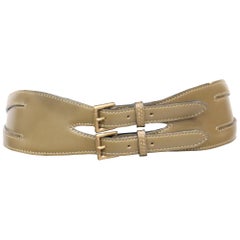 Retro Alaia Olive Green Leather Belt W/ Gold Accents